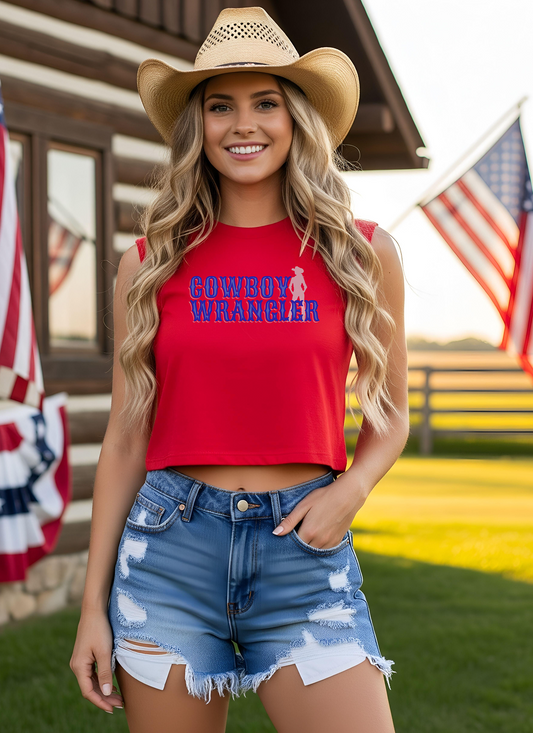 Cowboy Wrangler Crop Tank Top, Red