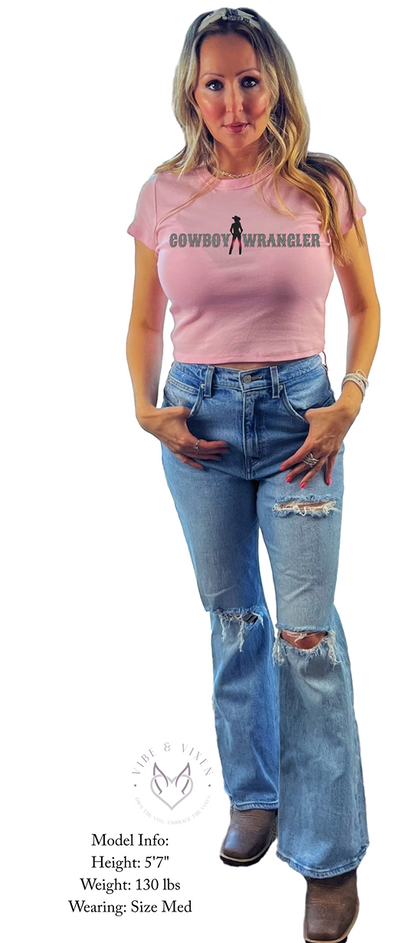 Cowboy Wrangler Baby Tee,  Western Inspired Top for Women, Pink