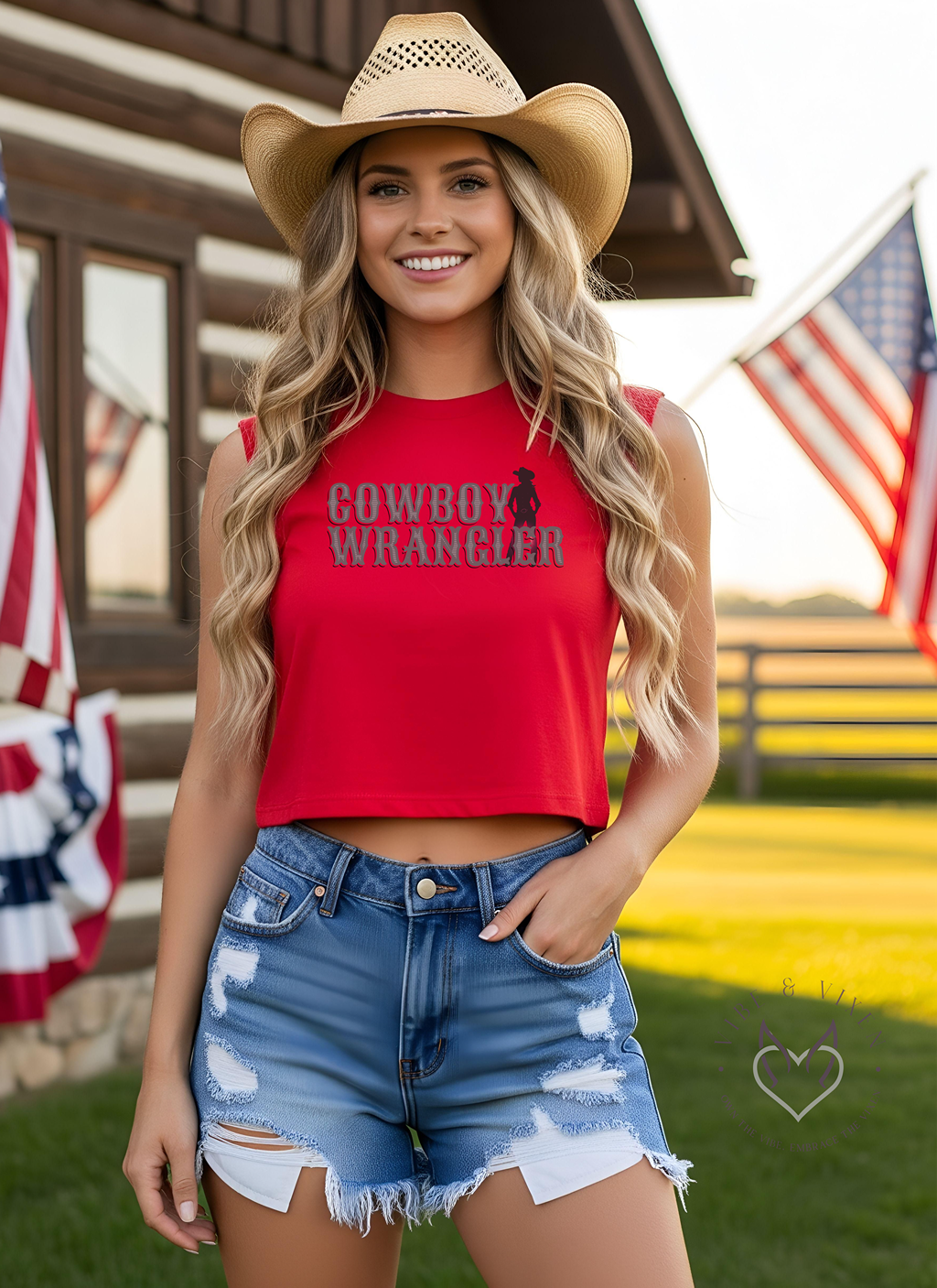 Cowboy Wrangler Crop Tank Top, Red